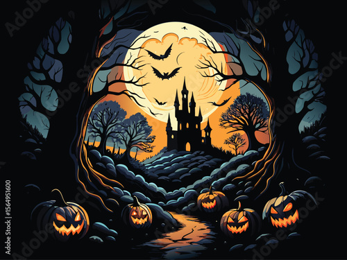 Spooky Halloween pumpkin head illustration with a scary bat under the autumn moon on a dark October night
