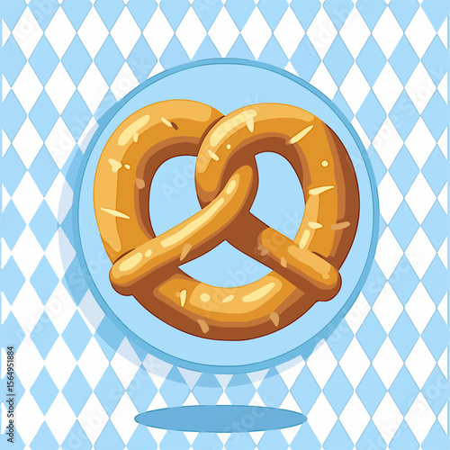 From the series "oktoberfest", Bavarian pretzel on the background of traditional bavarian pattern with blue and white rhombus