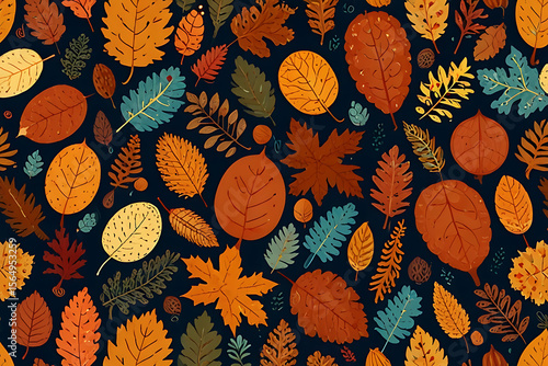 Seamless pattern of colorful autumn leaves for decorative background.