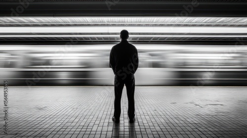 Man stands at metro station watching fast moving train.