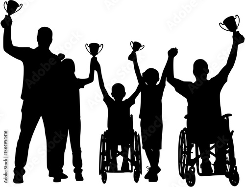 Adult man woman a boy and disabled man in the wheelchair raising trophies and raising hands together black silhouettes.
