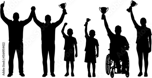 Adult man woman a boy and disabled man in the wheelchair raising trophies and raising hands together black silhouettes.
