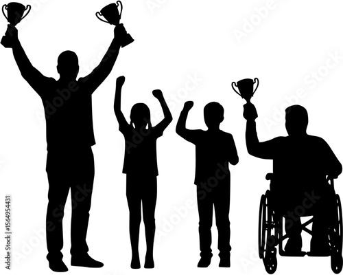 Adult man woman a boy and disabled man in the wheelchair raising trophies and raising hands together black silhouettes.
