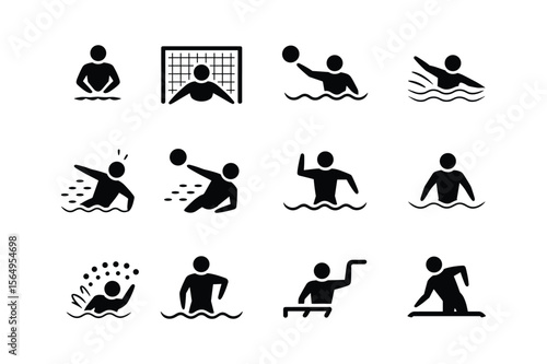 Water polo player actions and equipment icons swimming athlete