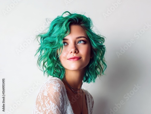 Stylish portrait of a young woman with vibrant green short curly hair. Ideal for fashion, beauty, and hair styling websites.