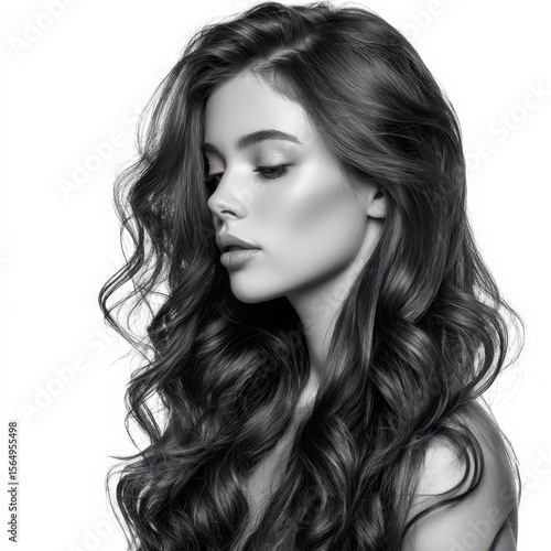 Elegant monochrome portrait of a woman with long, curly black hair. Perfect for beauty, fashion, and haircare. Ideal for websites, magazines, and advertising.