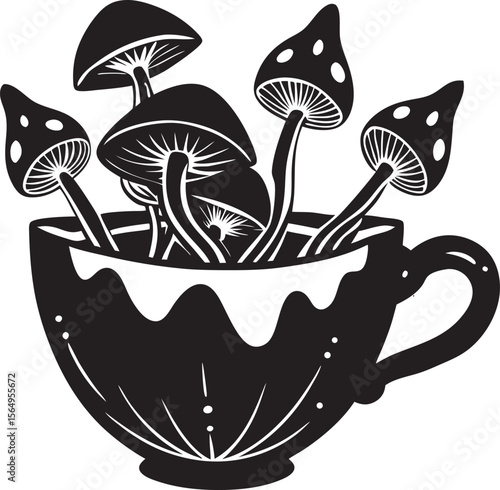 Black mushrooms growing from teacup white fungi