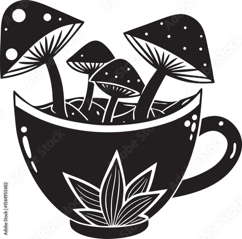 Black mushrooms growing in a teacup white