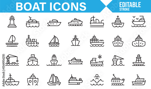 Set of Minimalist Boat Icons for Water Transport and Navigation Projects