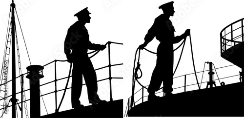 Sailors on Ship Deck Silhouettes - Maritime Crew at Sea