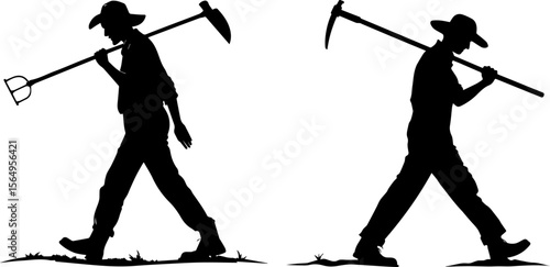 Farmers Carrying Tools Silhouette - Hard Work and Agriculture Icon