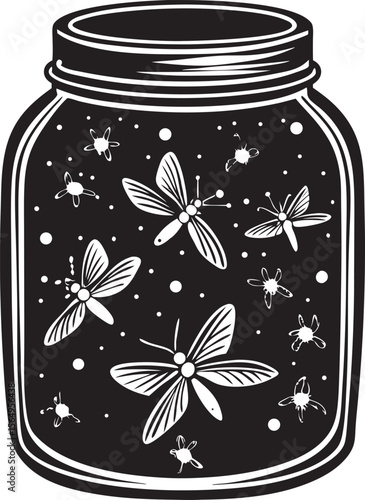 Glass jar filled with glowing fireflies insects