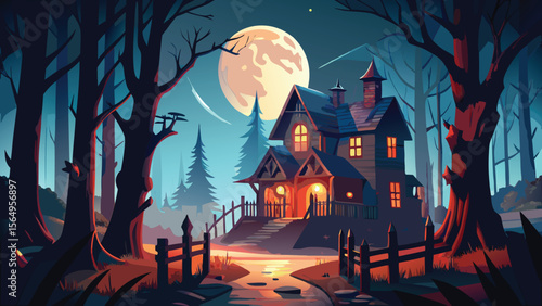 Spooky Halloween night scene with pumpkins, a haunted house, and a scary tree silhouette against a moonlit sky