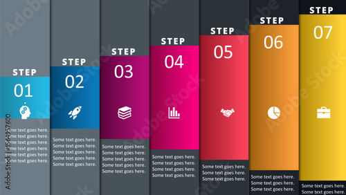 Colorful 7-Step Vertical Business Infographic Chart. Fully editable modern infographic vector elements SVG file compatible with PowerPoint, Illustrator, and most vector-based applications.