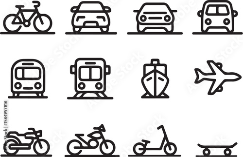 Minimal Transport Icons – Car, Bike, Scooter, Ship

