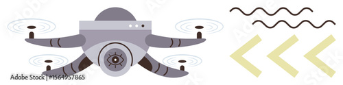 Flying drone equipped with a camera and propellers, wavy lines suggesting movement and arrows indicating direction. Ideal for technology, innovation, surveillance, delivery, photography, remote