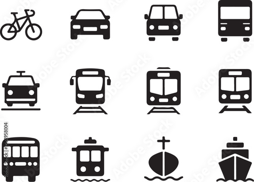 Black Transport Icon Set – Land, Sea, and Air Vehicles

