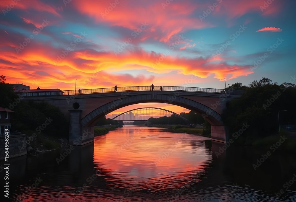 Fototapeta premium Arched bridge over tranquil river, vibrant sunset hues, reflection, beautiful