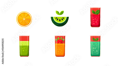 Fruit smoothie vector icons set healthy drink orange kiwi strawberry juice fresh beverage illustration