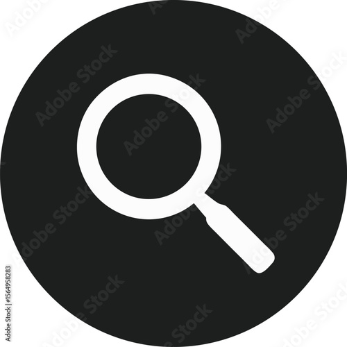 Vector art of a white magnifying glass icon inside a black circle isolated on white background, symbolizing search