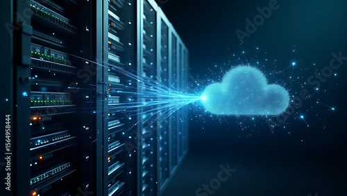 Split-Screen Visualization of Server Rack and Abstract Cloud Network – Cloud Migration Concept