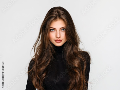 Stunning beauty portrait. Long brown hair, blue eyes, elegant style. Ideal for fashion, beauty, cosmetics.