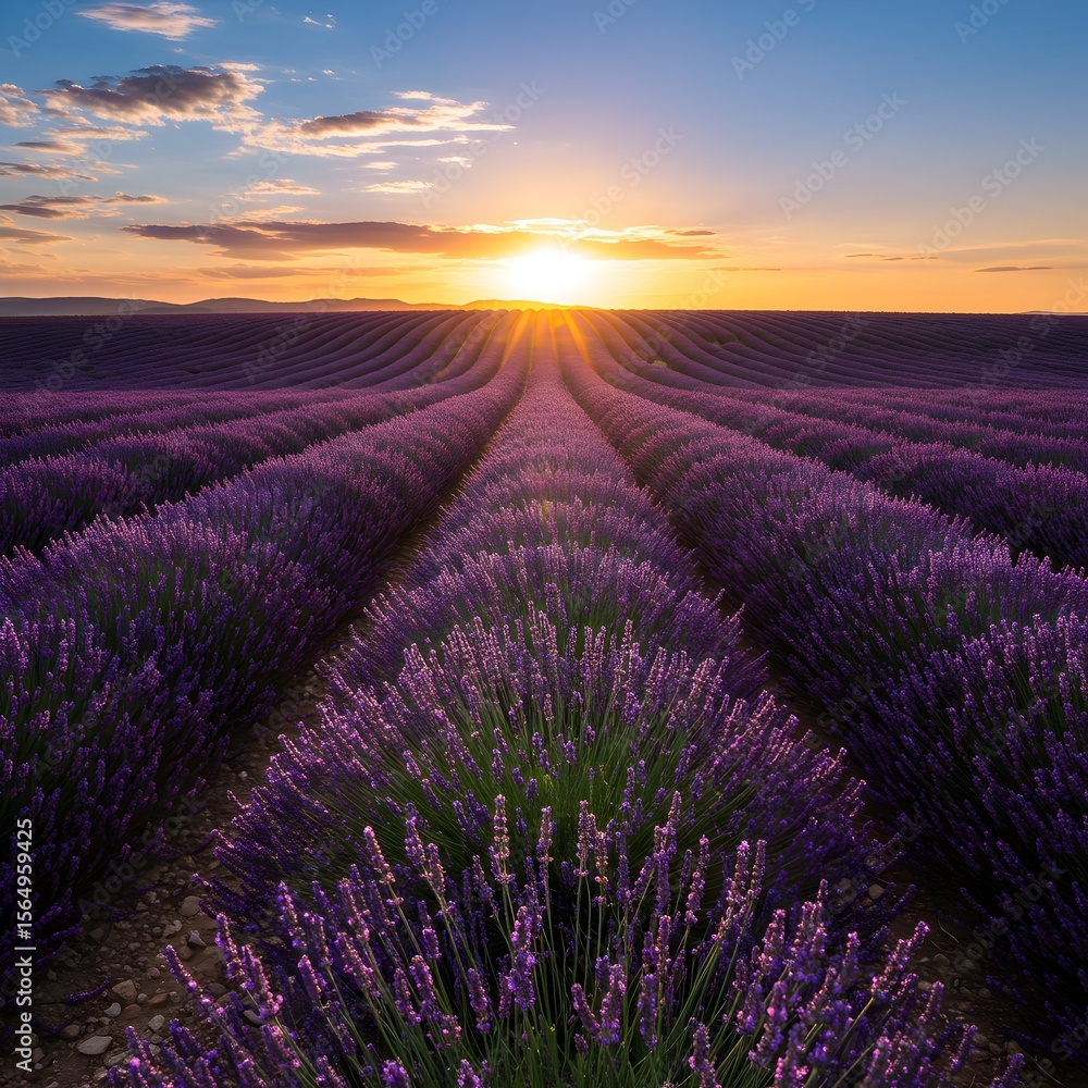 Fototapeta premium Lavender field at sunrise, showcasing vibrant purple hues.