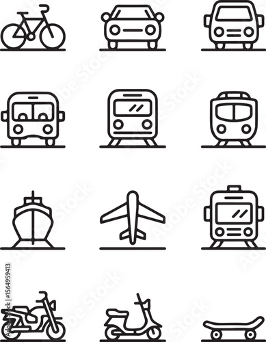 Public Transport Vector Icons – Metro, Bus, Train

