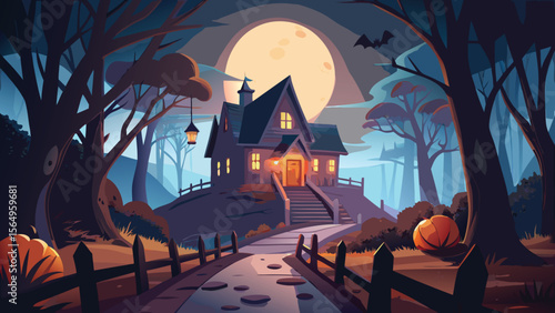 Spooky Halloween night scene with pumpkins, a haunted house, and a scary tree silhouette against a moonlit sky