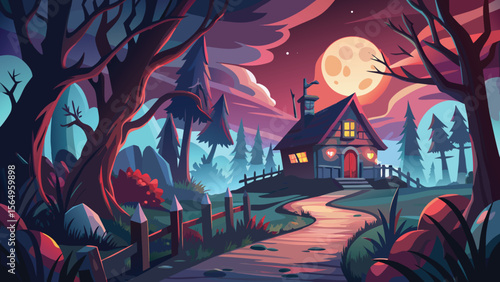 Spooky Halloween night scene with pumpkins, a haunted house, and a scary tree silhouette against a moonlit sky
