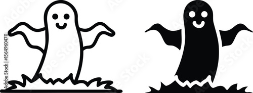 Happy Ghost Icons, Black and White Halloween Spirit Character Set