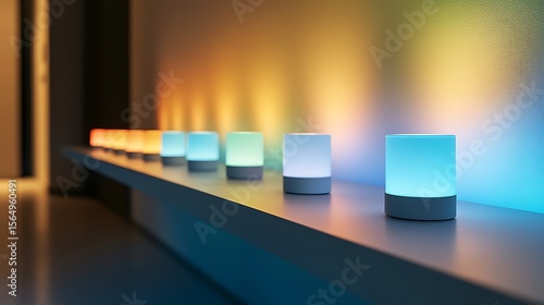 A row of color changing smart lamps on a shelf with a colorful background