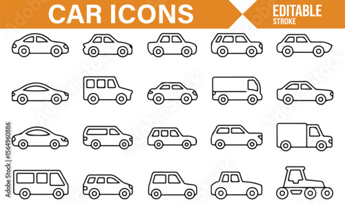 Vector Set of Car Icons Including Sedan, Van, SUV, and Delivery Truck for Design Use