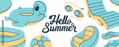 Hello Summer banner with cute pool floats and swimming accessories. Pool party design.