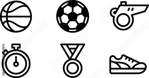 Vector sports icons set basketball soccer whistle stopwatch medal shoe black and white outline illustration