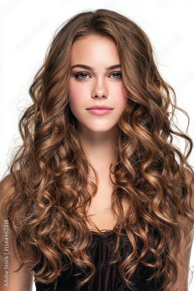 Naklejka premium Stunning portrait of a woman with long, curly brown hair. Perfect for beauty, haircare, and fashion advertising. Ideal for websites, magazines, and social media.