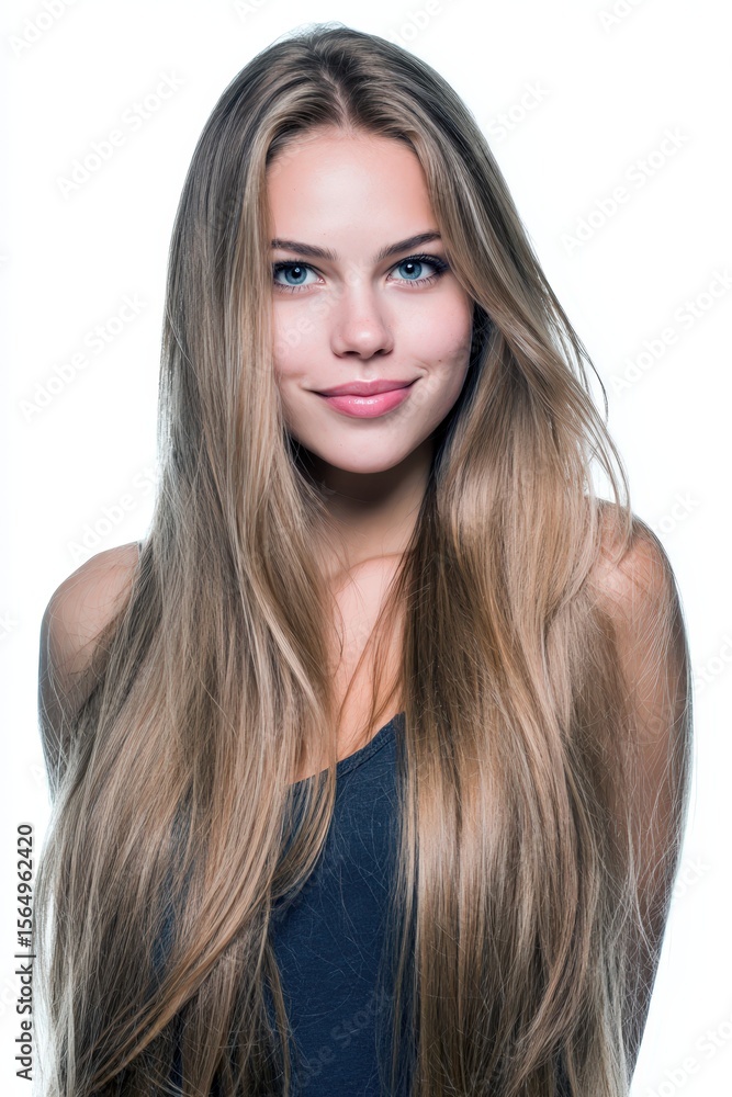 Naklejka premium Stunning blonde woman with long, healthy hair. Perfect for beauty, fashion, and haircare advertising. Ideal for websites, magazines, and social media.