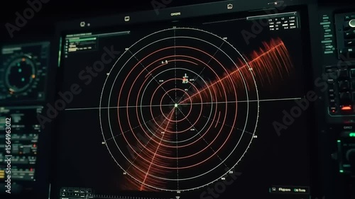 Advanced radar display showing circular patterns and data analysis in a high-tech control room