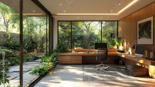 Sunlit home office with wood accents, lush garden views, and ergonomic chair