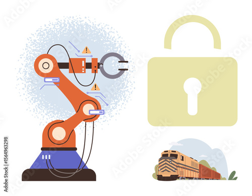 Robotic arm assembling, large padlock for cybersecurity, freight train symbolizing transport, automation. Ideal for technology, security, transport, innovation, industry engineering simple flat
