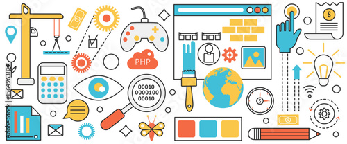 Mobile app development technology. Online application engineering, creative startup work with code of developer and programmer on phone screen, infographic concept banner, thin line art design