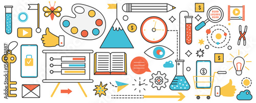 Art tools and materials for work of artist in studio, master class or workshop. Artistic palette, creation board and pencil to create artwork in infographic concept banner, thin line art design