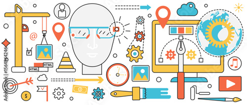 Web application building technology. Abstract process of app development, creative UI optimization of code and content, software and SEO service in infographic concept banner, thin line art design