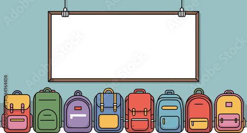 Back to school backpacks with blank whiteboard for education and learning vector illustration design