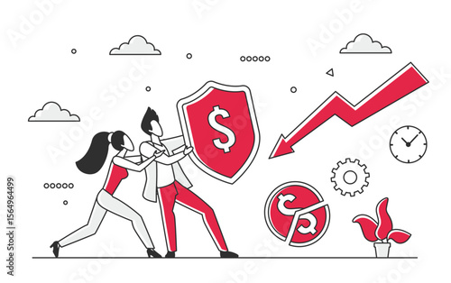 Business money crisis atack and shield insurance. Bankruptcy risk prevention and financial loss vector monocolor illustration