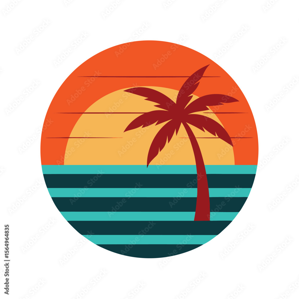 Fototapeta premium Retro Vintage Sunset on Calm Ocean Tide and Palm Trees