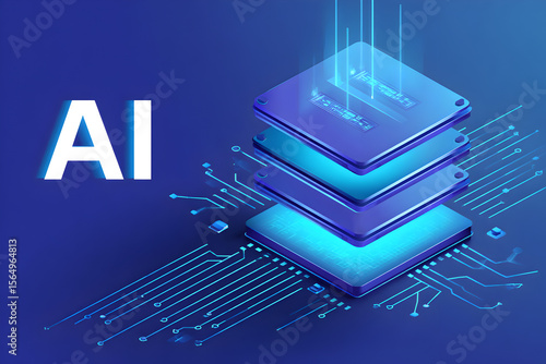 AI chip stack isometric processor layers futuristic computing power illustration for tech banners