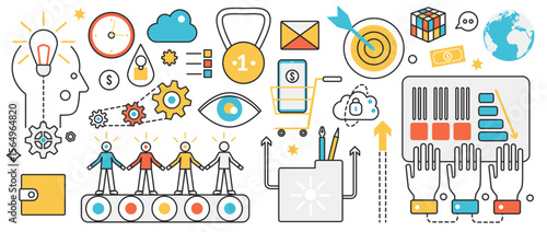 Business management technology and recruitment service. Abstract conveyor with human resources, decision making, creative analysis and idea search in infographic concept banner, thin line art design