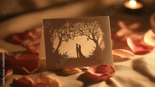 Elegant couple silhouette graphic under trees offers a romantic design element, ideal for wedding or anniversary themes and adaptable for various creative applications.
