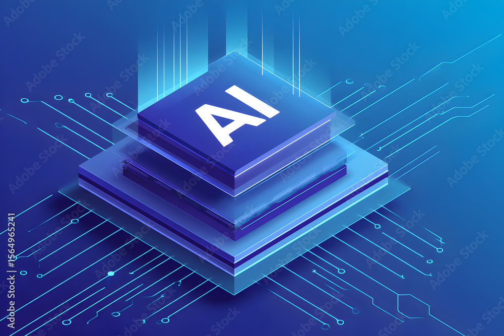 Fototapeta premium AI chip stack neon blue microchip architecture perfect for machine-learning hero images